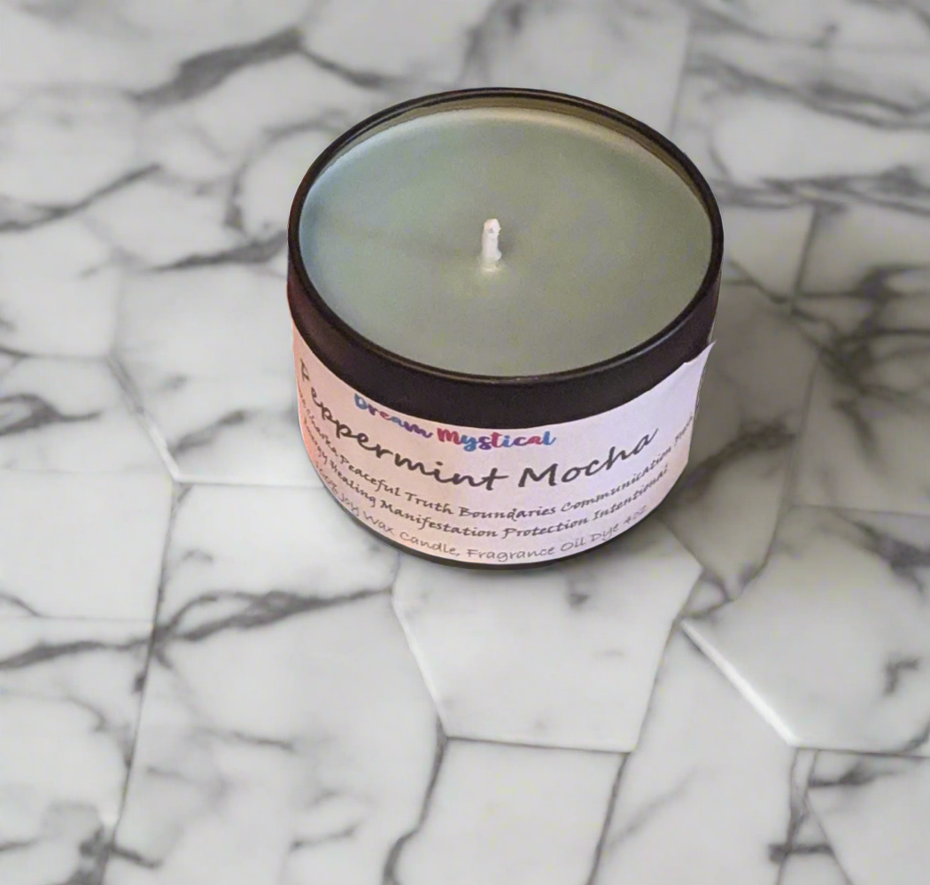 Peppermint Mocha Intentional Manifesting handmade hand poured Candle Throat Chakra Communication Truth Bounderies Peaceful Healing Protection