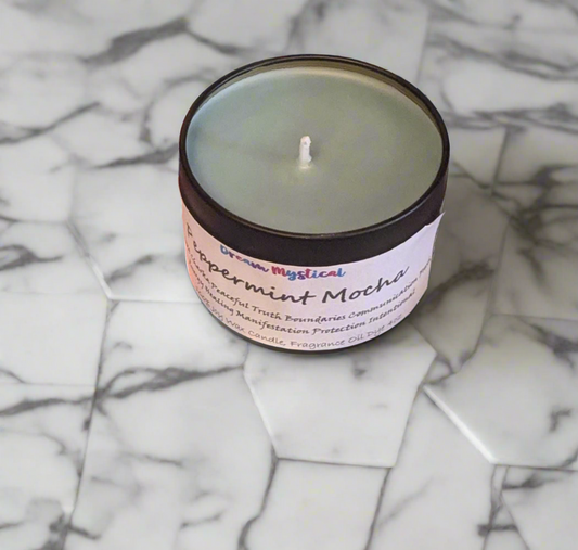 Peppermint Mocha Intentional Manifesting handmade hand poured Candle Throat Chakra Communication Truth Bounderies Peaceful Healing Protection