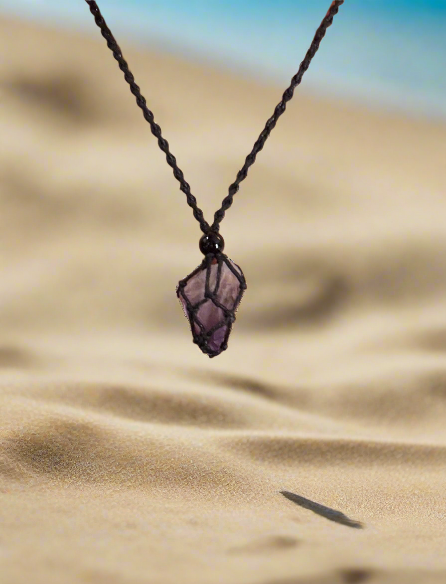 Violet Flame Amethyst Reiki Infused Interchangeable adjustable crystal Macrame pouch necklace