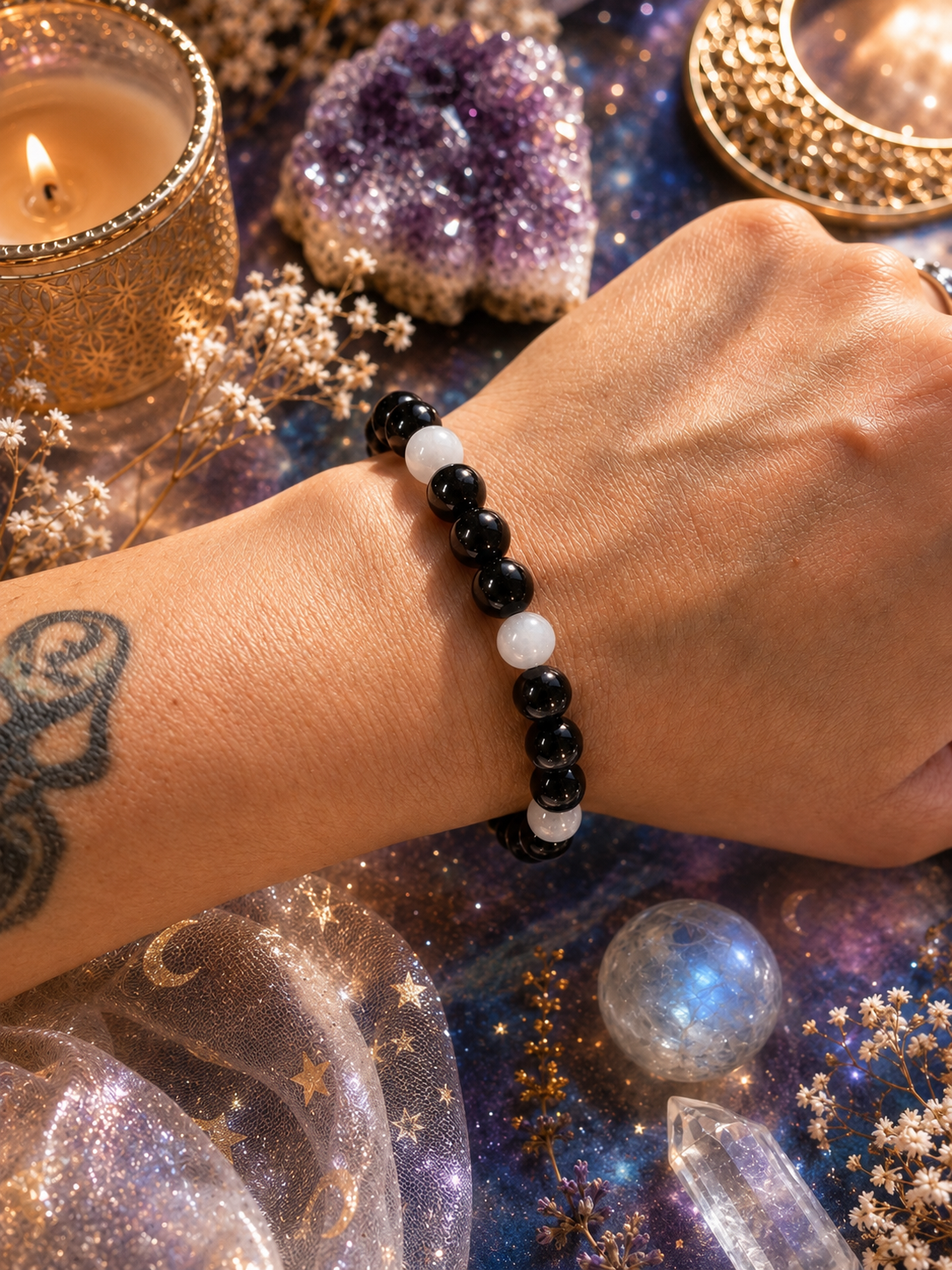 8MM Divine Balance — Black Tourmaline & Selenite Bracelet Protection Natural Genuine Healing Crystal Bracelet