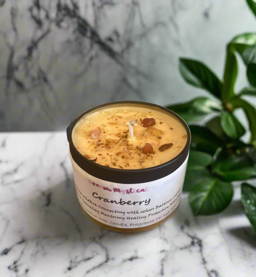 Cranberry Manifesting Candle Root/Sacral Chakra Connecting with others Protection Balance Mentoring Healing Infused with Carnelian crystals