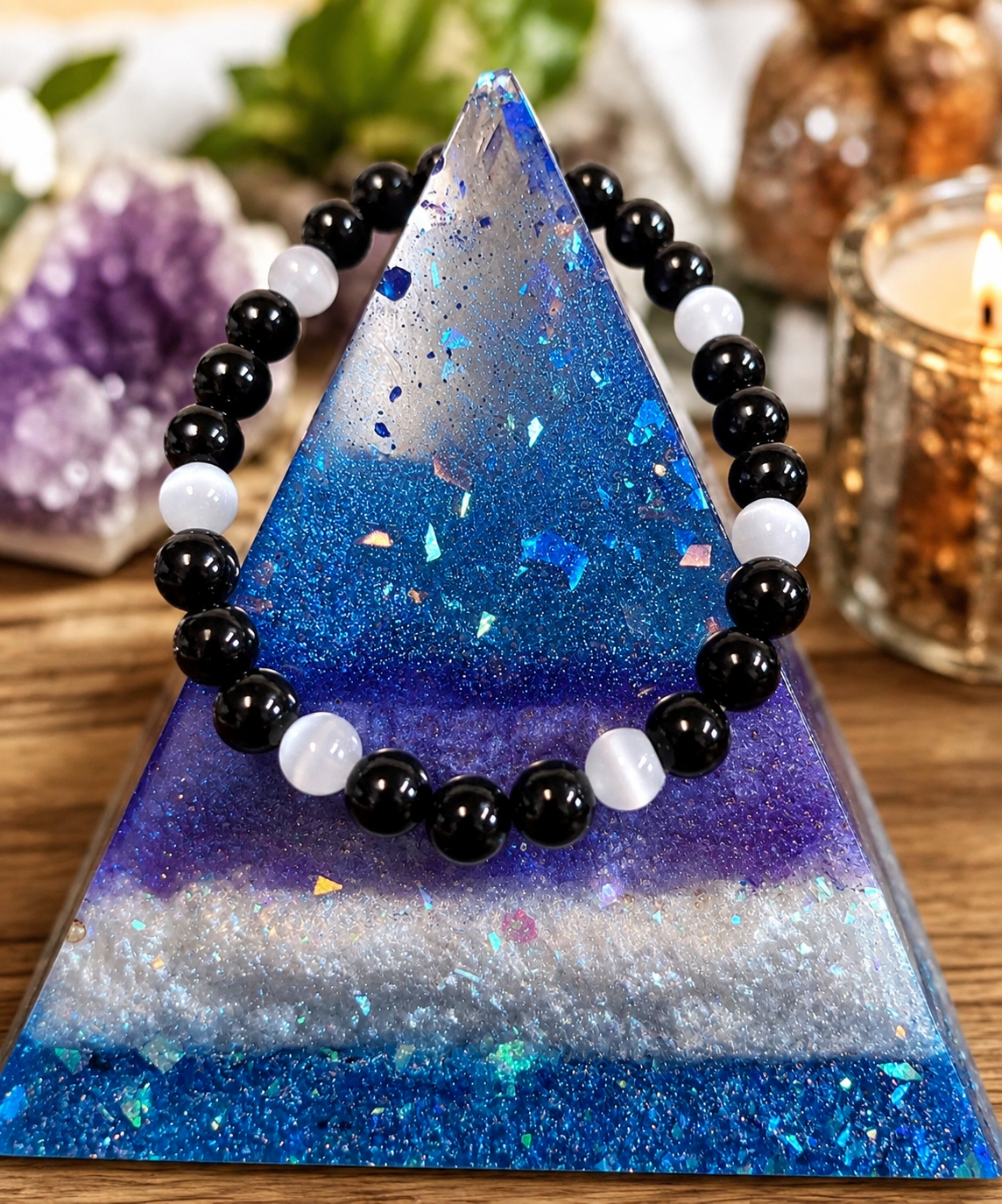 8MM Divine Balance — Black Tourmaline & Selenite Bracelet Protection Natural Genuine Healing Crystal Bracelet