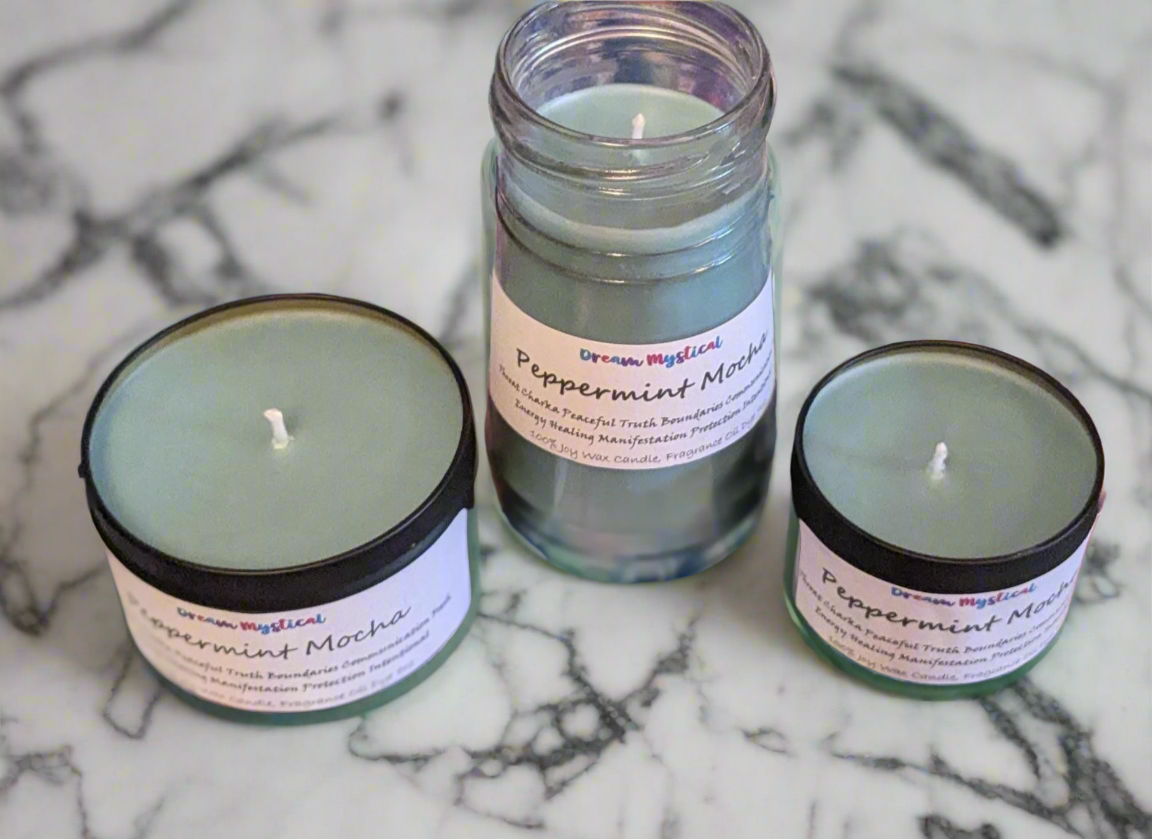 Peppermint Mocha Intentional Manifesting handmade hand poured Candle Throat Chakra Communication Truth Bounderies Peaceful Healing Protection