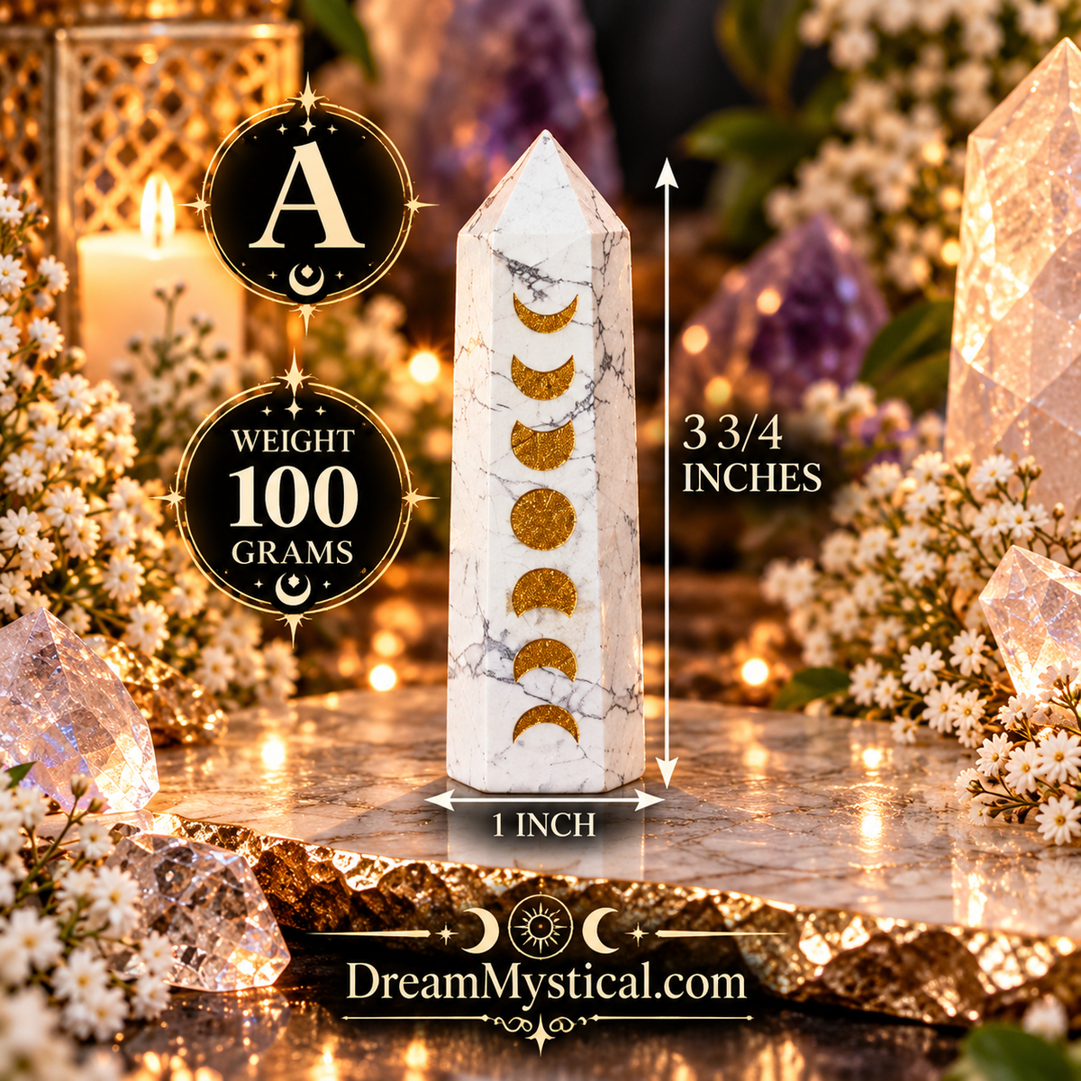🌙 Howlite Moon Cycle Tower | Gold Moon Phase Crystal Point 🌙✨