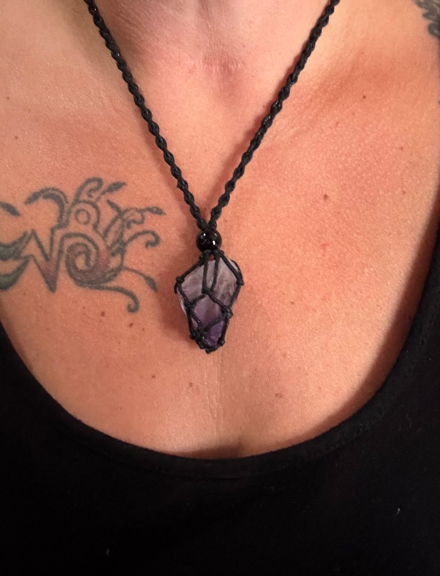 Violet Flame Amethyst Reiki Infused Interchangeable adjustable crystal Macrame pouch necklace