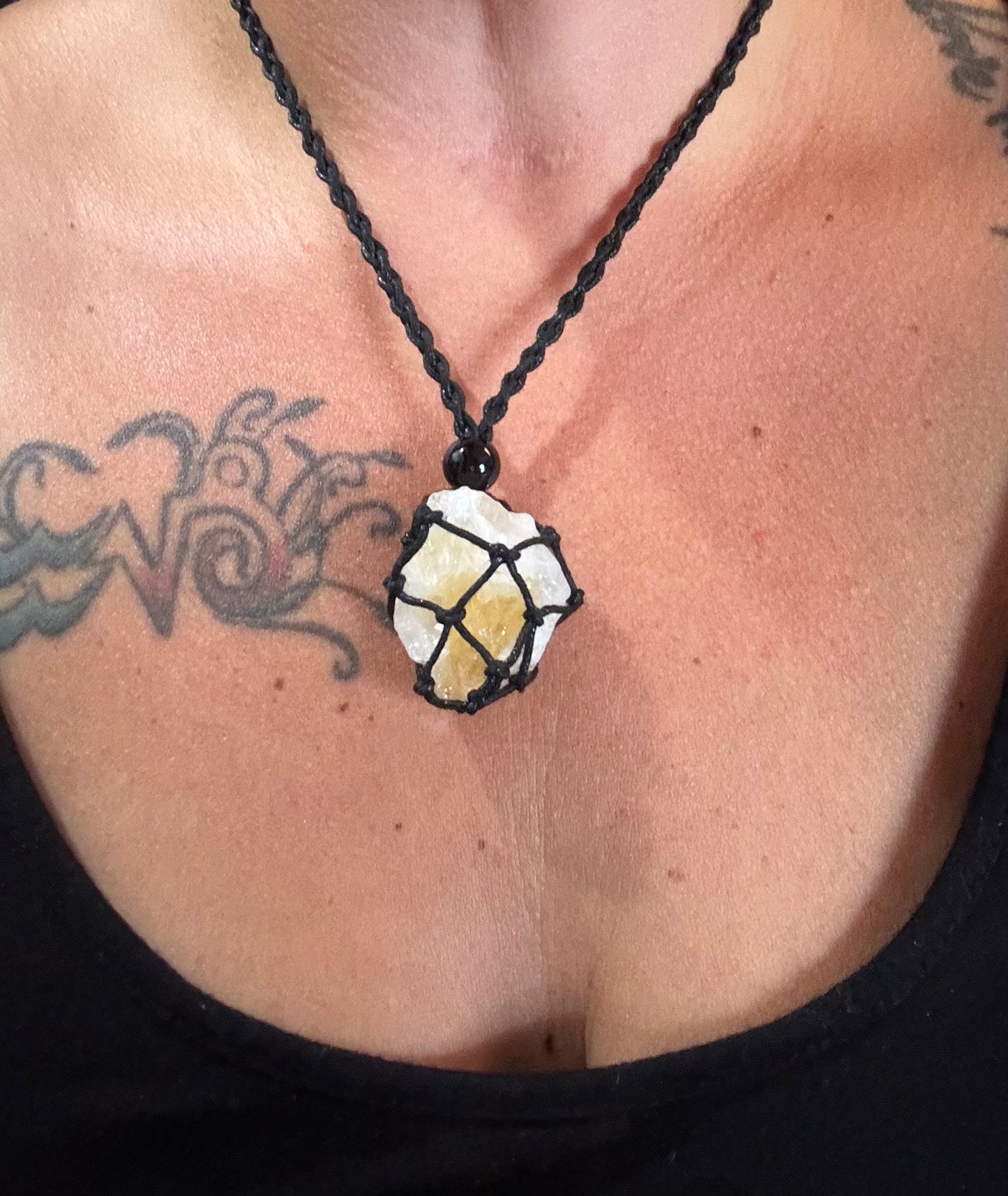 Solar Queen Citrine Reiki Infused Interchangeable adjustable crystal Macrame pouch necklace