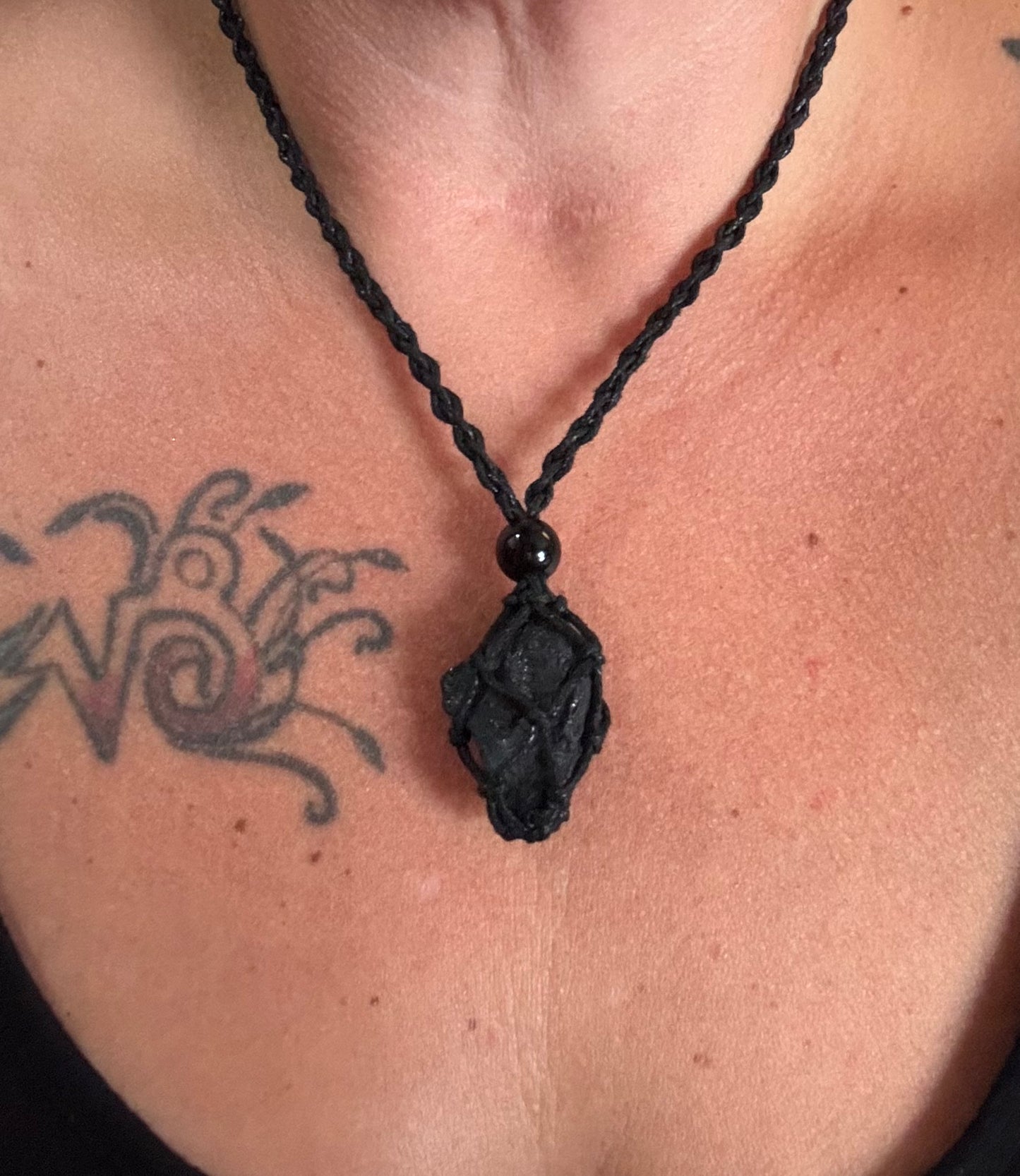 Cosmic Shield Black Tourmaline Reiki Infused Interchangeable adjustable crystal Macrame pouch necklace