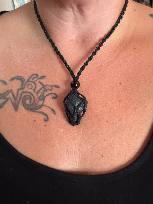 Cosmic Shield Black Tourmaline Reiki Infused Interchangeable adjustable crystal Macrame pouch necklace