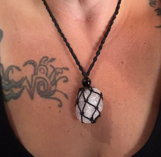 Sacred Divine Love Rose 🌹 Quartz Reiki Infused Interchangeable adjustable crystal Macrame pouch necklace