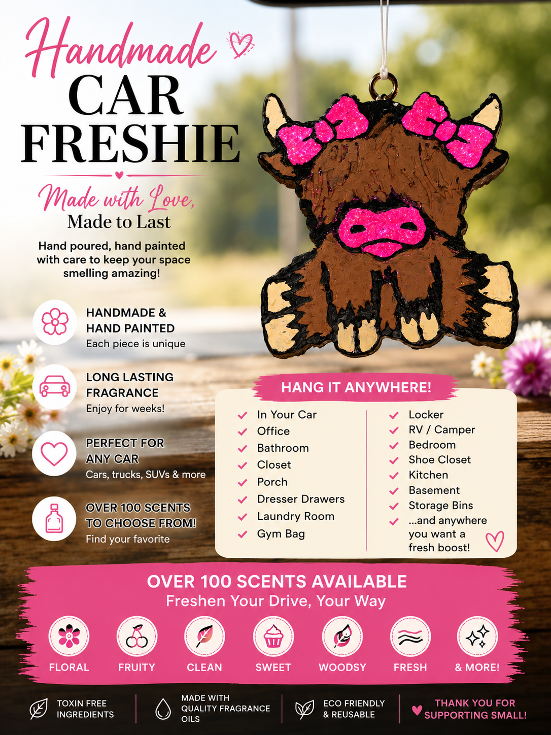 Handmade Highland Cow Car Freshie | Hand-Painted | 100+ Scents Available | Long-Lasting Air Freshener