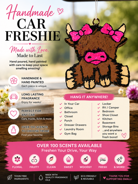Handmade Highland Cow Car Freshie | Hand-Painted | 100+ Scents Available | Long-Lasting Air Freshener
