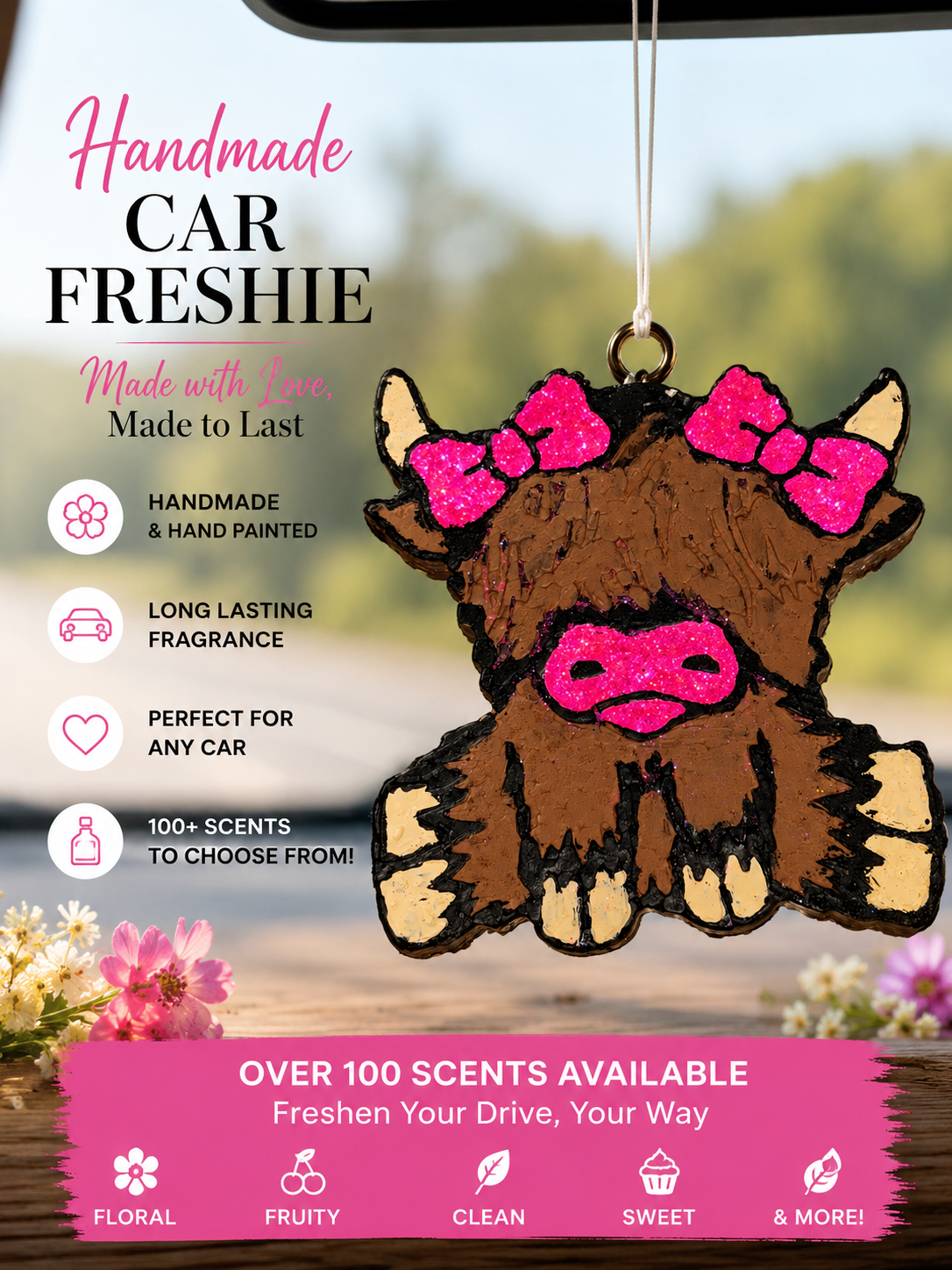 Handmade Highland Cow Car Freshie | Hand-Painted | 100+ Scents Available | Long-Lasting Air Freshener