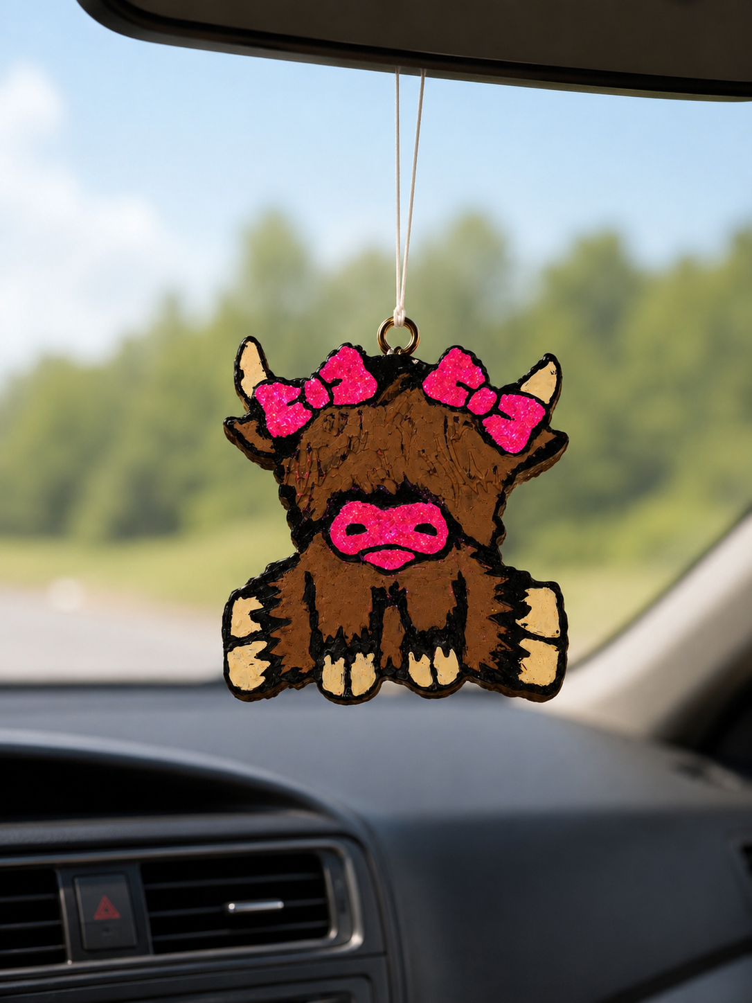 Handmade Highland Cow Car Freshie | Hand-Painted | 100+ Scents Available | Long-Lasting Air Freshener