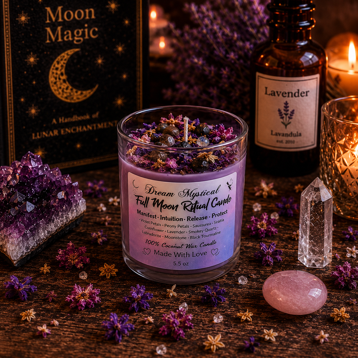 🌕 Dream Mystical Full Moon Ritual Candle Coconut Wax Herbs, Flowers and Crystals 

Manifest • Intuition • Release • Protect