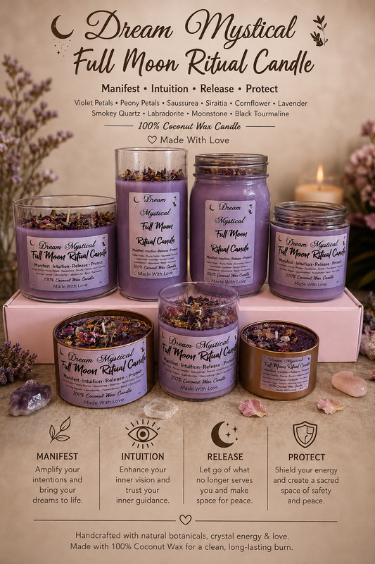 🌕 Dream Mystical Full Moon Ritual Candle Coconut Wax Herbs, Flowers and Crystals 

Manifest • Intuition • Release • Protect