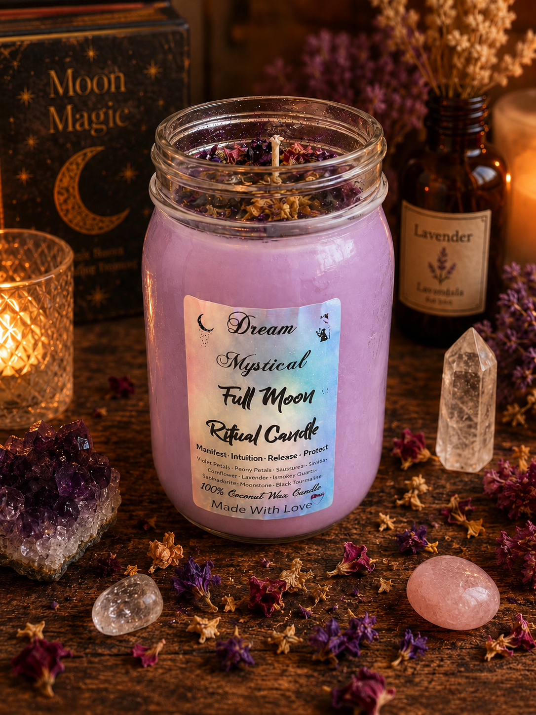 🌕 Dream Mystical Full Moon Ritual Candle Coconut Wax Herbs, Flowers and Crystals 

Manifest • Intuition • Release • Protect
