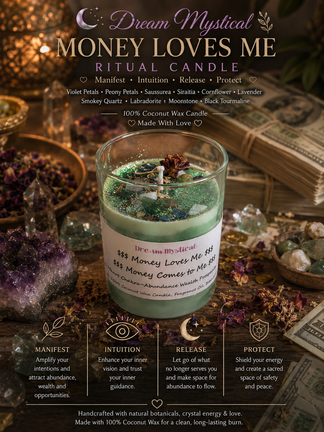 $$$Money Love Me Money Comes to Me$$$ Intentional Coconut Wax Candle 🕯️ Heart Chakra Abundance Wealth (Peppermint Mocha)