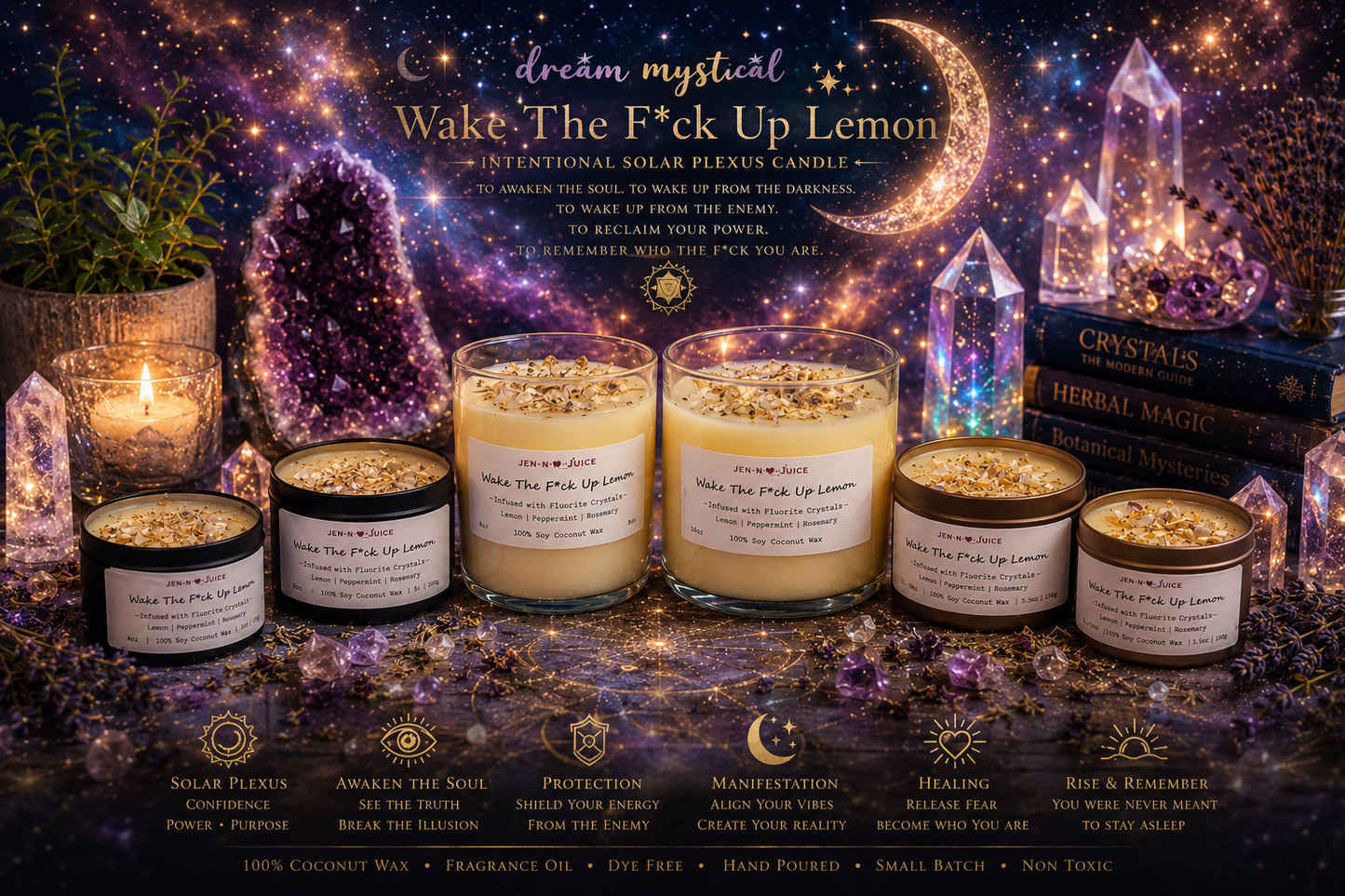 Wake The F*ck Up Lemon handmade Coconut wax Candle Soalar Plexus Confidence Positive Vibes Manifestation Intention Healing Protection