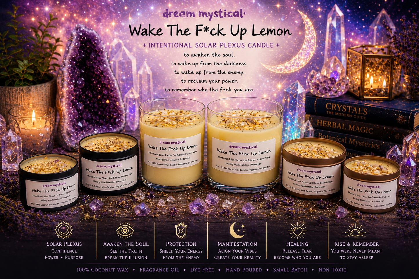 Wake The F*ck Up Lemon handmade Coconut wax Candle Soalar Plexus Confidence Positive Vibes Manifestation Intention Healing Protection