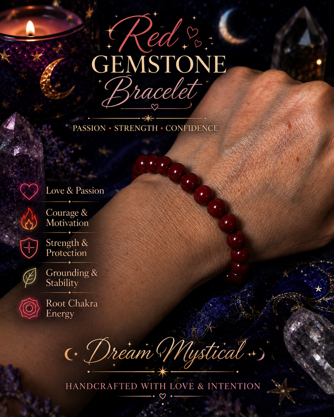 ❤️ Red Gemstone Beaded Bracelet | Passion • Strength • Confidence
