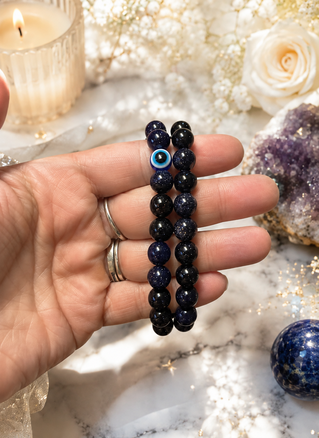 🌌 Handmade Celestial Blue Goldstone Bracelet | Evil Eye Protection & Throat Chakra Healing