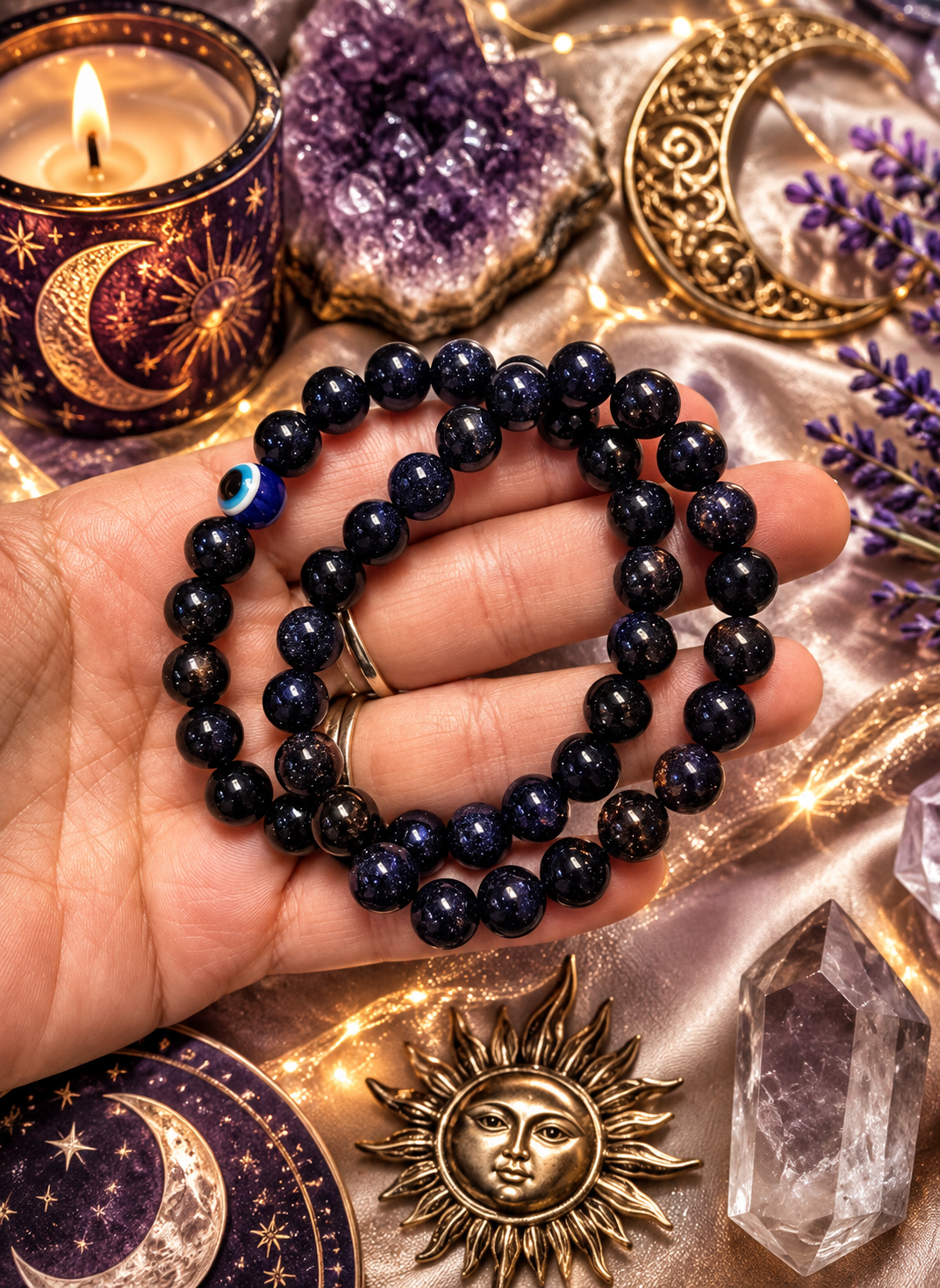 🌌 Handmade Celestial Blue Goldstone Bracelet | Evil Eye Protection & Throat Chakra Healing