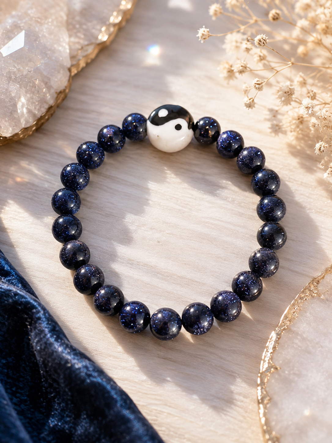 🌌 Handmade Celestial Blue Goldstone Bracelet | Evil Eye Protection & Throat Chakra Healing