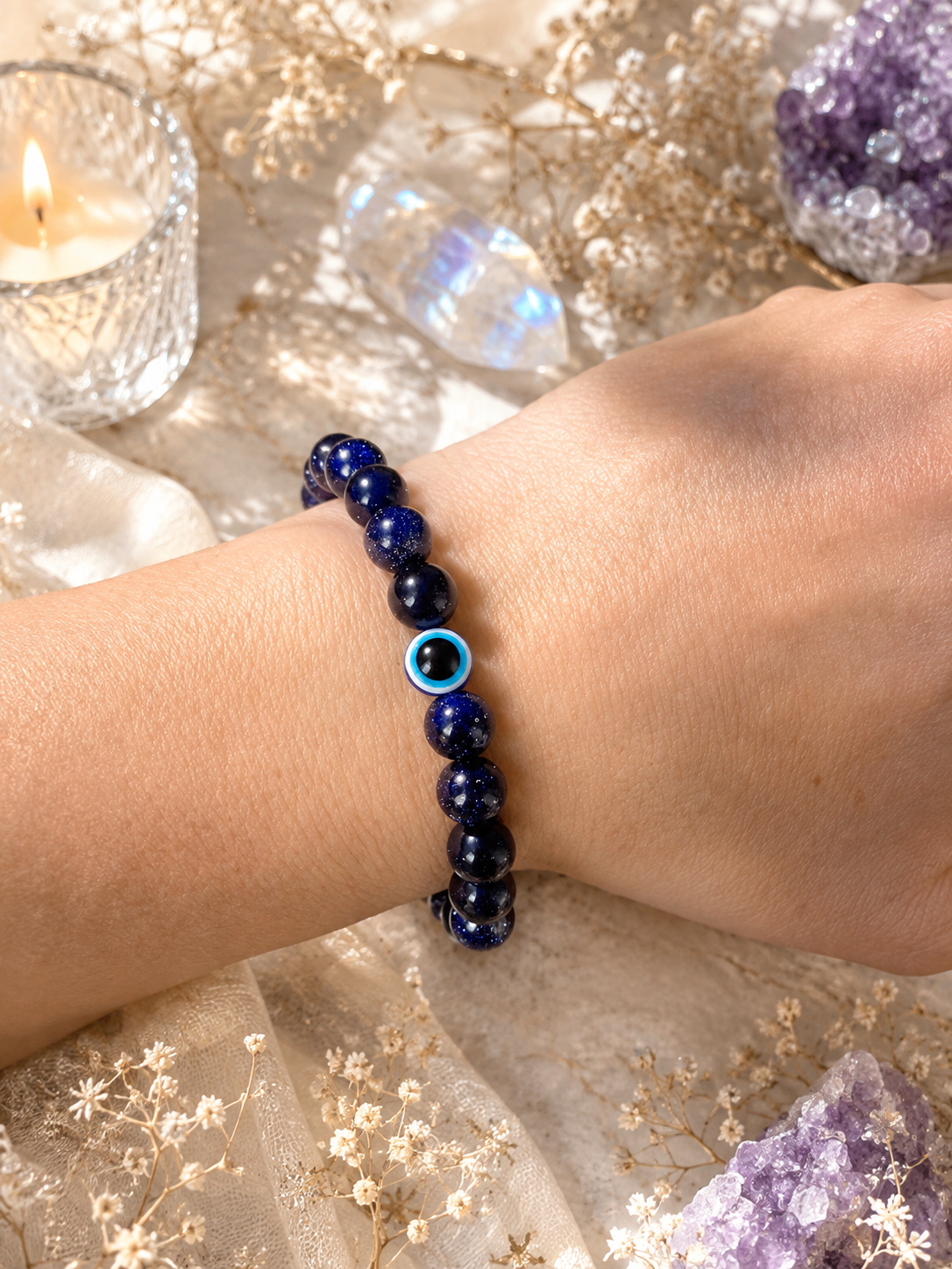 🌌 Handmade Celestial Blue Goldstone Bracelet | Evil Eye Protection & Throat Chakra Healing