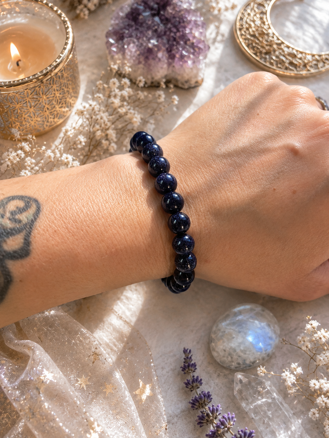🌌 Handmade Celestial Blue Goldstone Bracelet | Evil Eye Protection & Throat Chakra Healing
