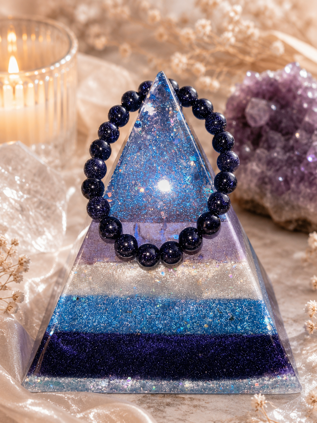 🌌 Handmade Celestial Blue Goldstone Bracelet | Evil Eye Protection & Throat Chakra Healing