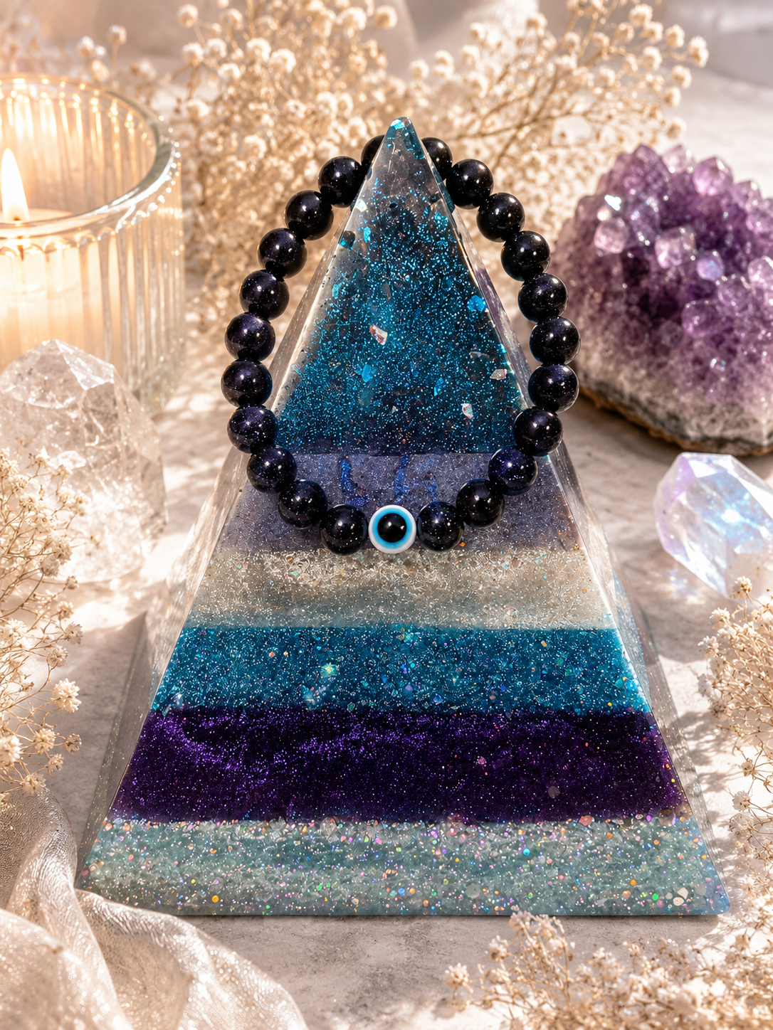 🌌 Handmade Celestial Blue Goldstone Bracelet | Evil Eye Protection & Throat Chakra Healing