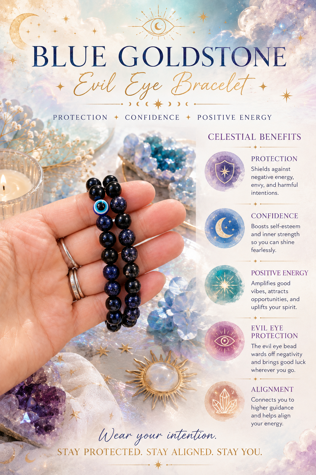🌌 Handmade Celestial Blue Goldstone Bracelet | Evil Eye Protection & Throat Chakra Healing