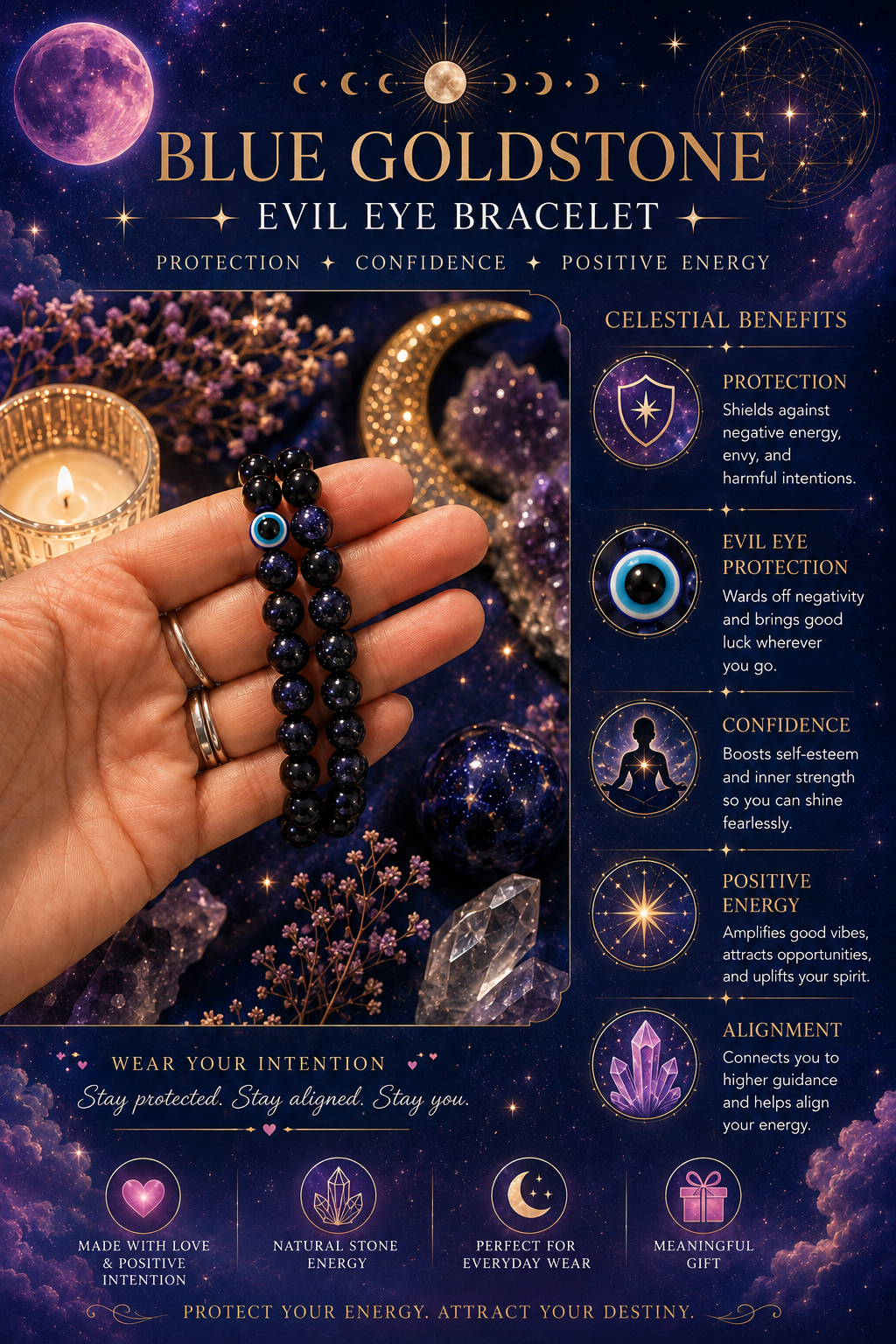 🌌 Handmade Celestial Blue Goldstone Bracelet | Evil Eye Protection & Throat Chakra Healing