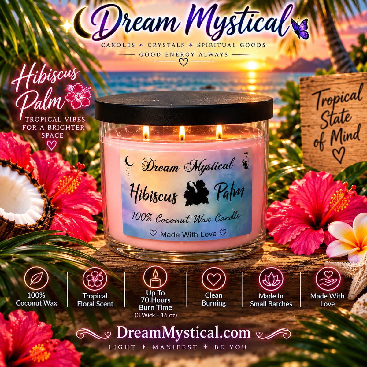 🌺 Hibiscus Palm | Tropical 100% Coconut Wax Candle | 16 oz 3-Wick Candle 🌴🥥✨