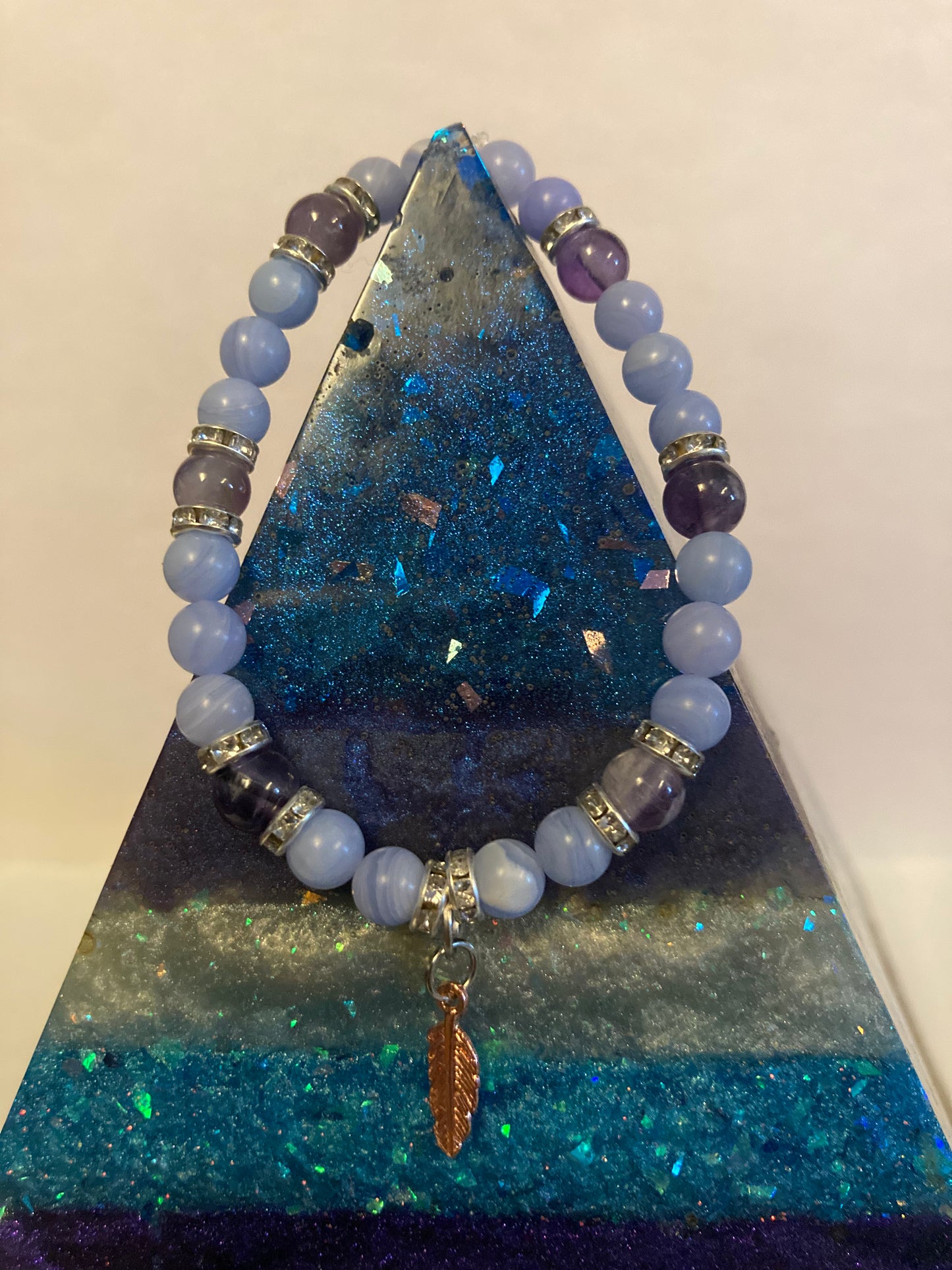 Celestial Serenity Blue Lace Agate and Ameythst Genuine Healing Crystals bracelet feather charm with beautiful spacers