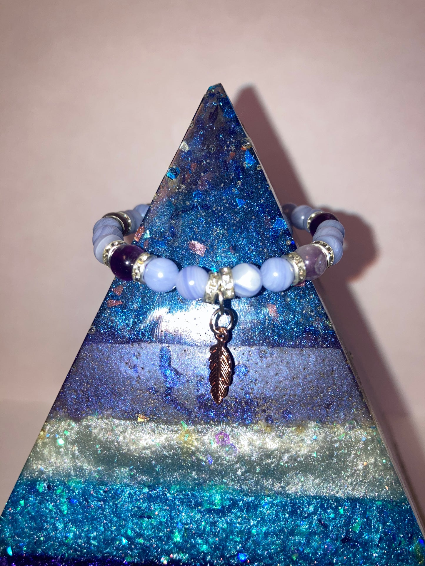 Celestial Serenity Blue Lace Agate and Ameythst Genuine Healing Crystals bracelet feather charm with beautiful spacers