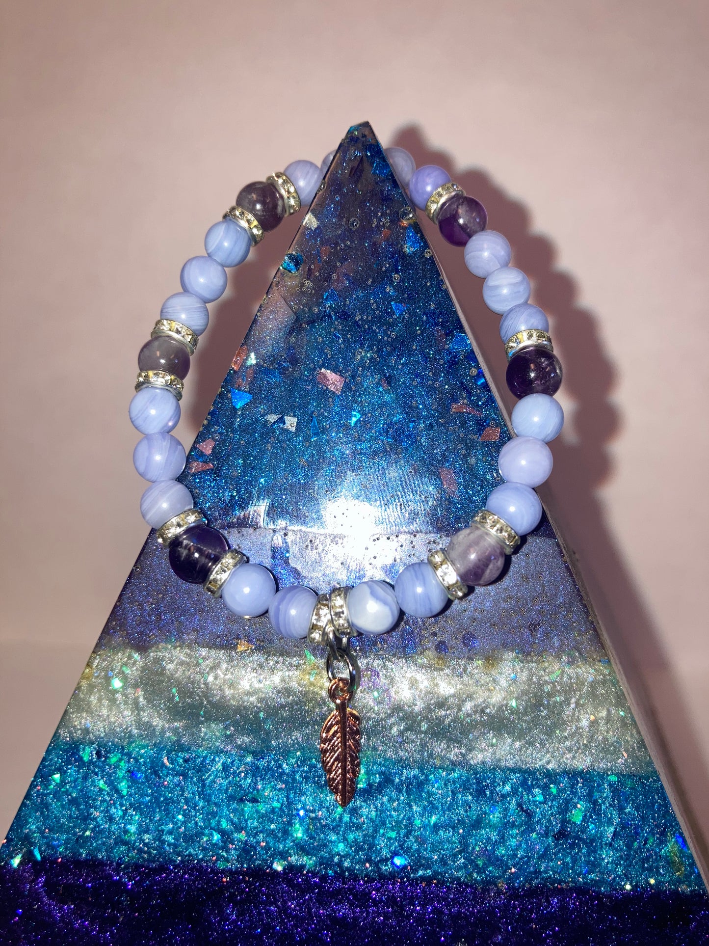 Celestial Serenity Blue Lace Agate and Ameythst Genuine Healing Crystals bracelet feather charm with beautiful spacers