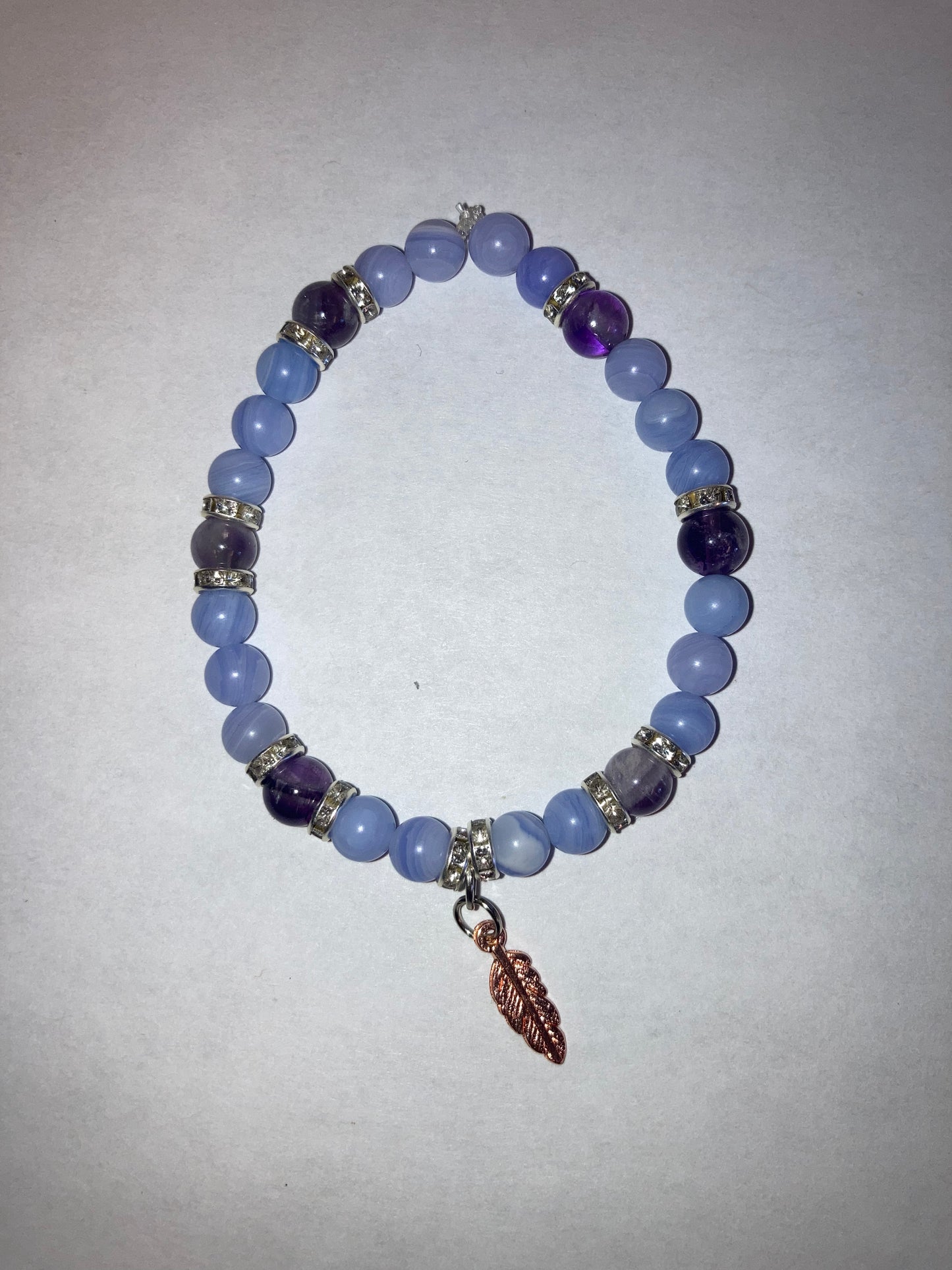 Celestial Serenity Blue Lace Agate and Ameythst Genuine Healing Crystals bracelet feather charm with beautiful spacers