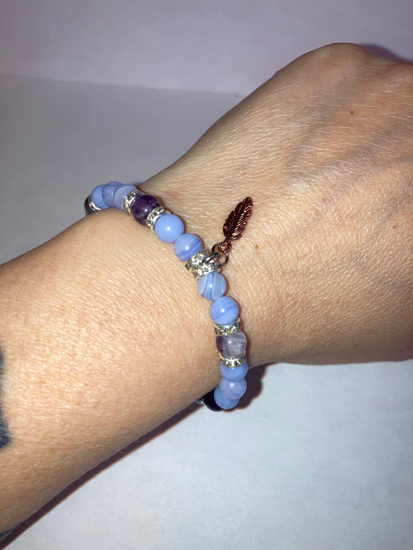 Celestial Serenity Blue Lace Agate and Ameythst Genuine Healing Crystals bracelet feather charm with beautiful spacers