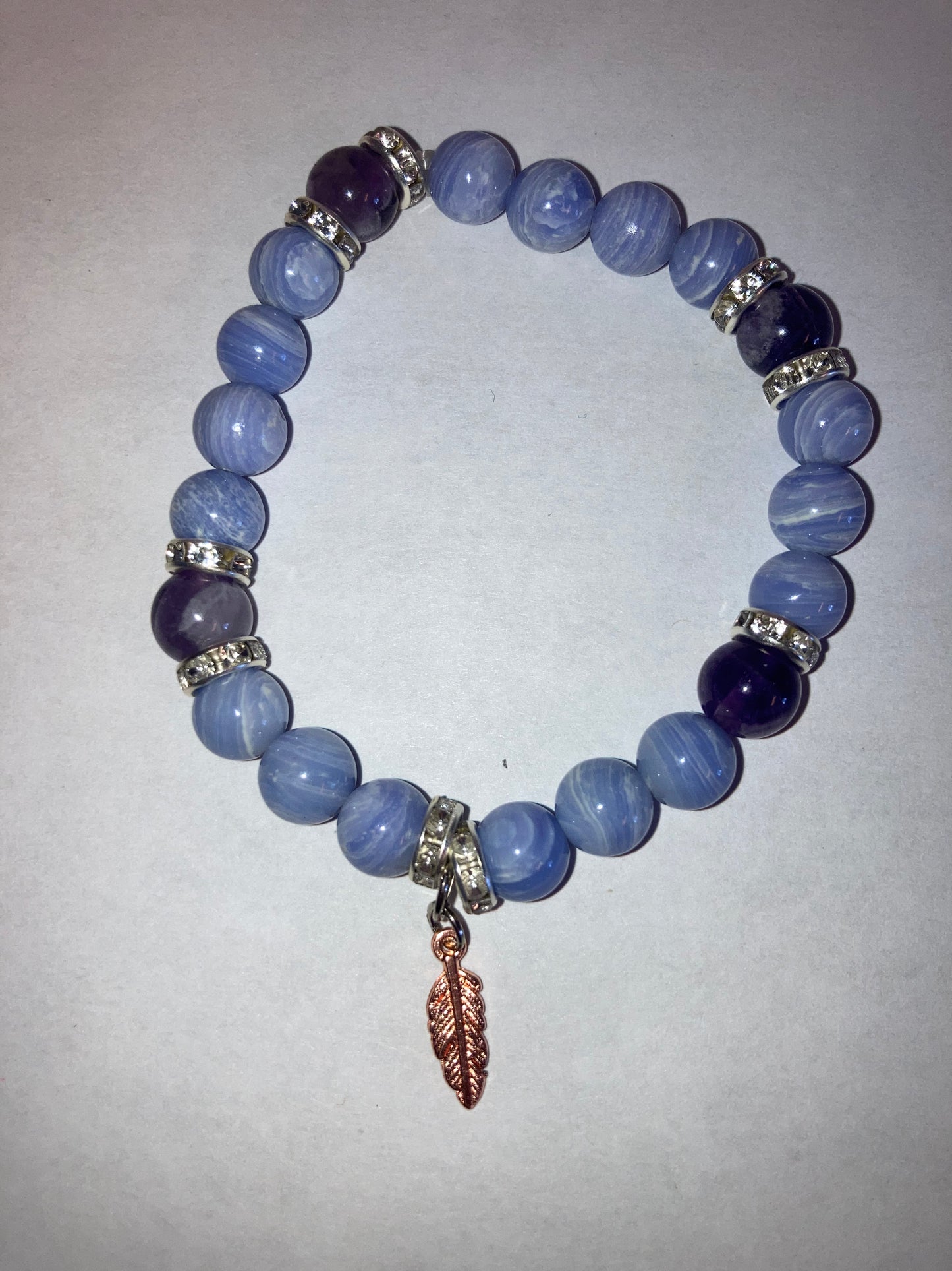 Celestial Serenity Blue Lace Agate and Ameythst Genuine Healing Crystals bracelet feather charm with beautiful spacers