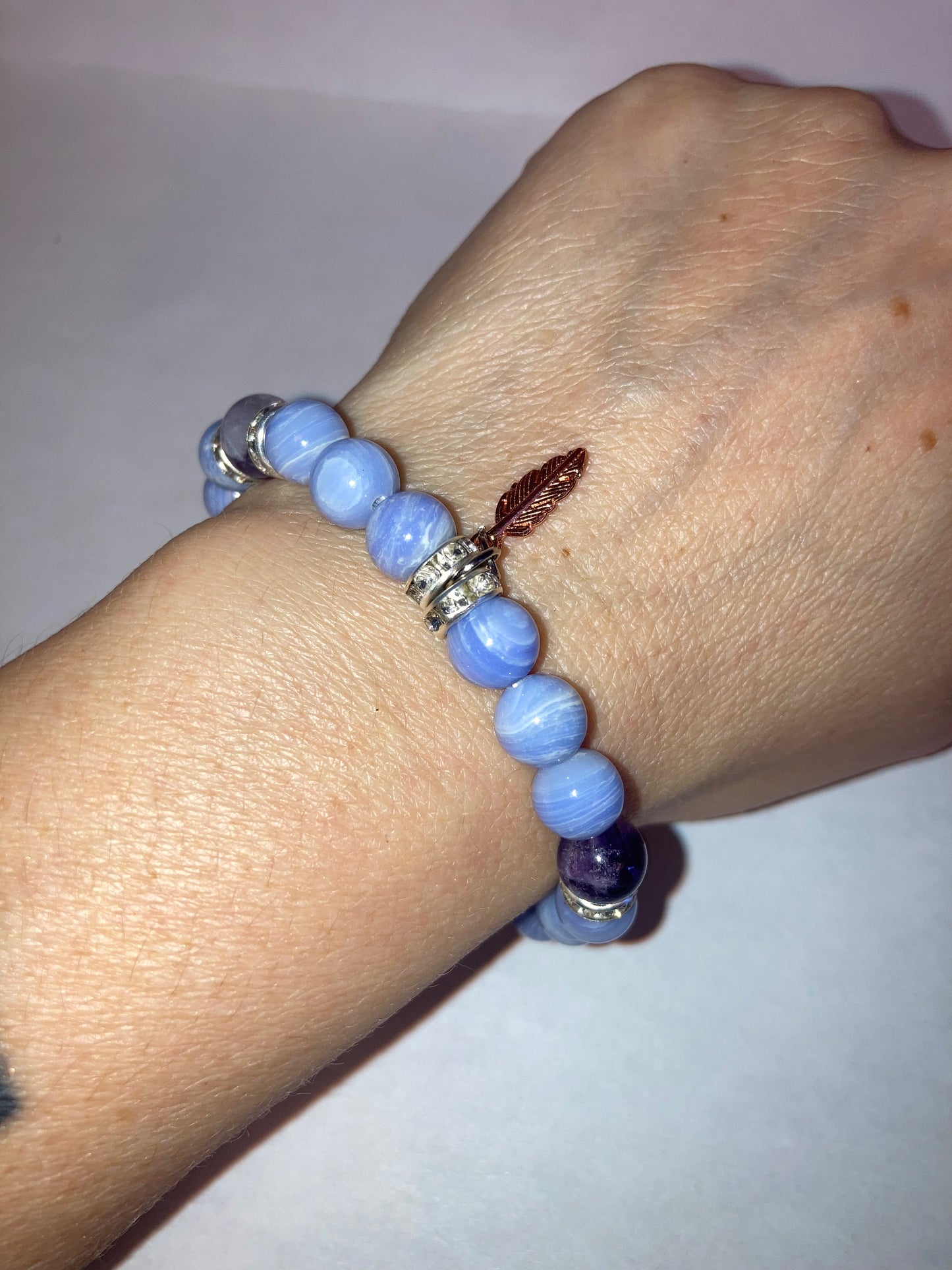 Celestial Serenity Blue Lace Agate and Ameythst Genuine Healing Crystals bracelet feather charm with beautiful spacers