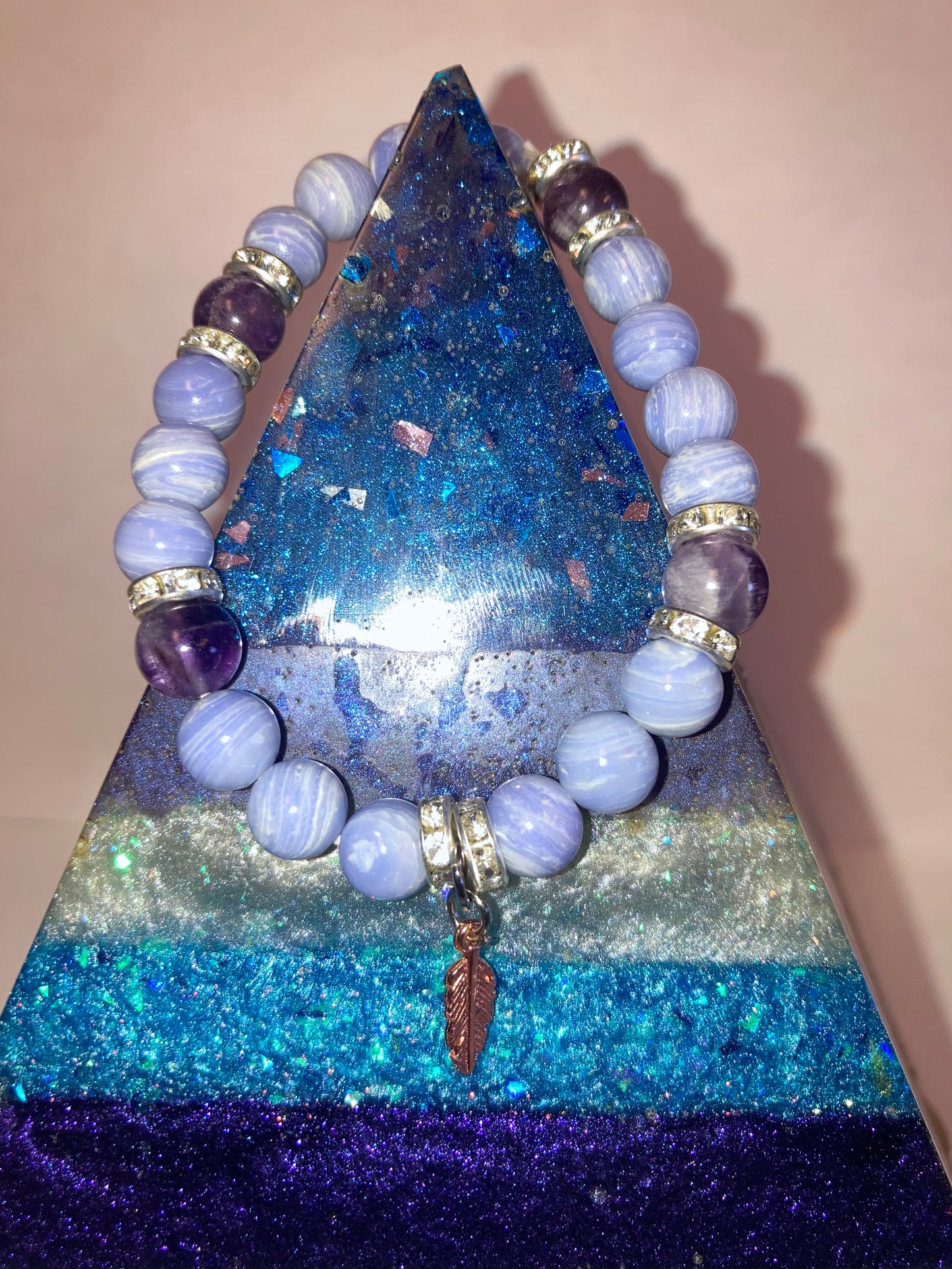 Celestial Serenity Blue Lace Agate and Ameythst Genuine Healing Crystals bracelet feather charm with beautiful spacers