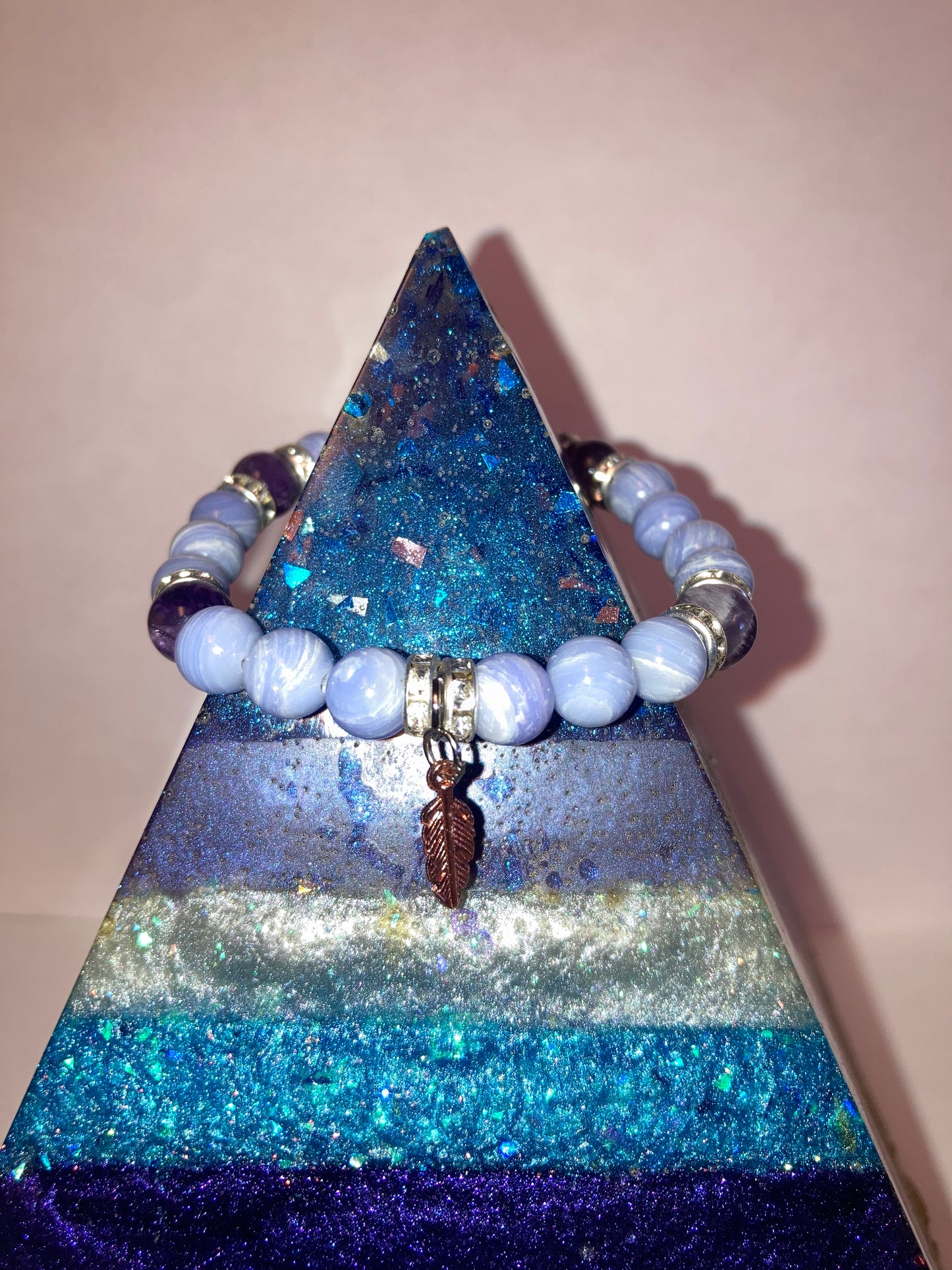 Celestial Serenity Blue Lace Agate and Ameythst Genuine Healing Crystals bracelet feather charm with beautiful spacers