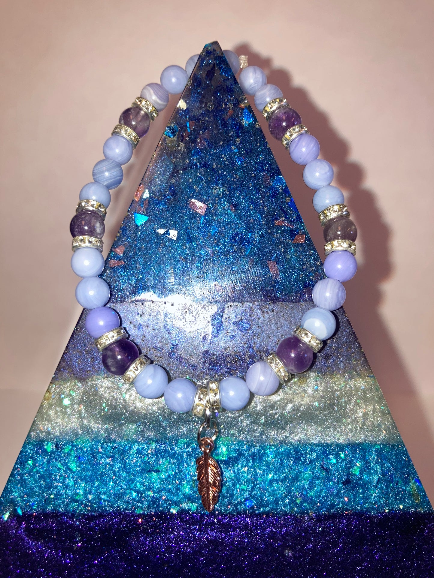 Celestial Serenity Blue Lace Agate and Ameythst Genuine Healing Crystals bracelet feather charm with beautiful spacers