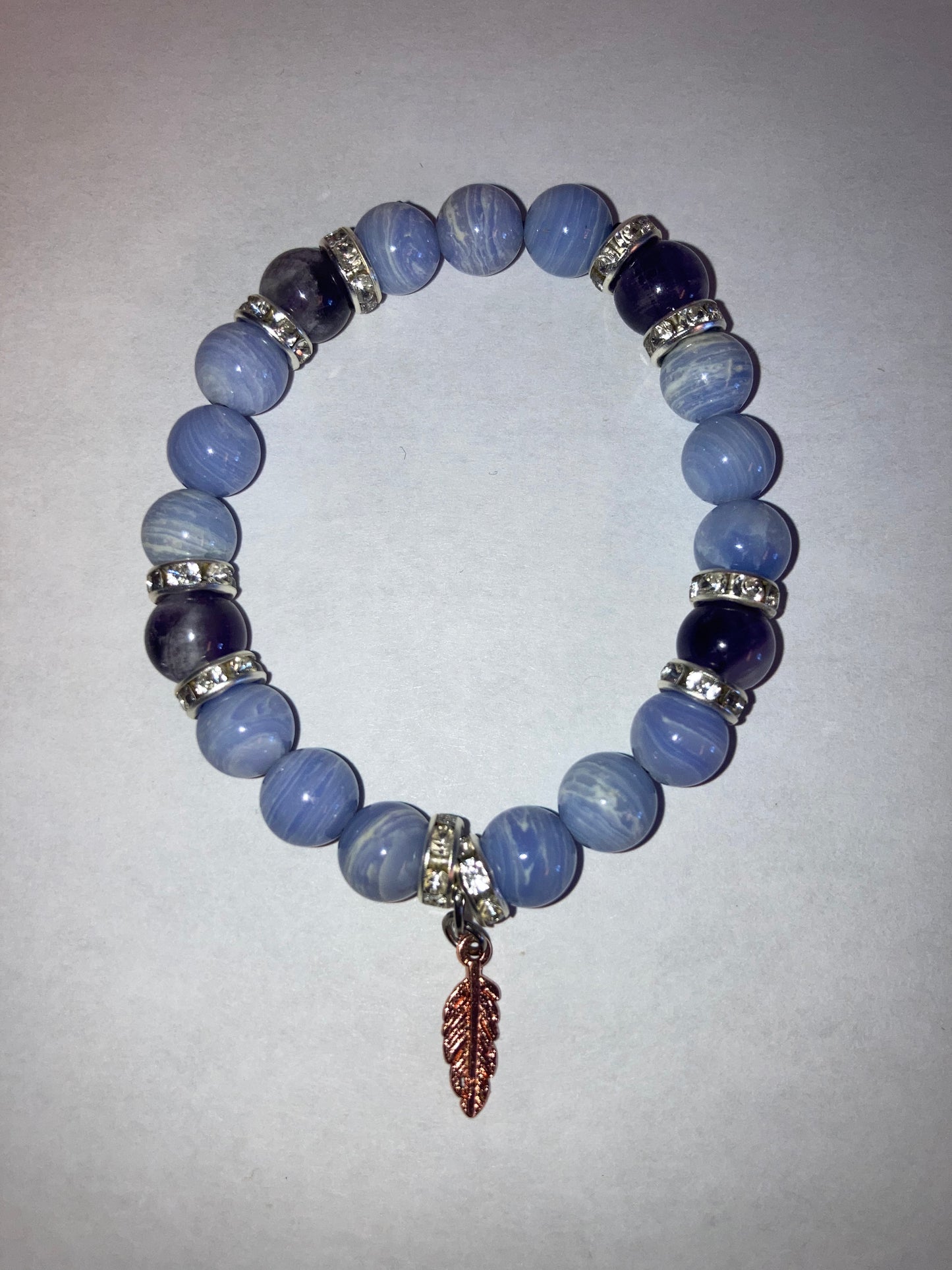 Celestial Serenity Blue Lace Agate and Ameythst Genuine Healing Crystals bracelet feather charm with beautiful spacers