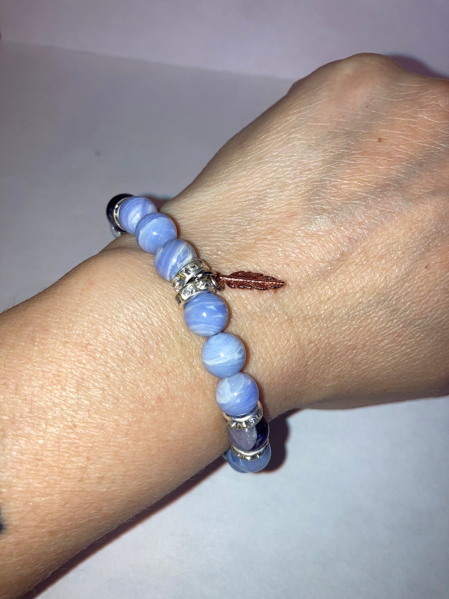 Celestial Serenity Blue Lace Agate and Ameythst Genuine Healing Crystals bracelet feather charm with beautiful spacers