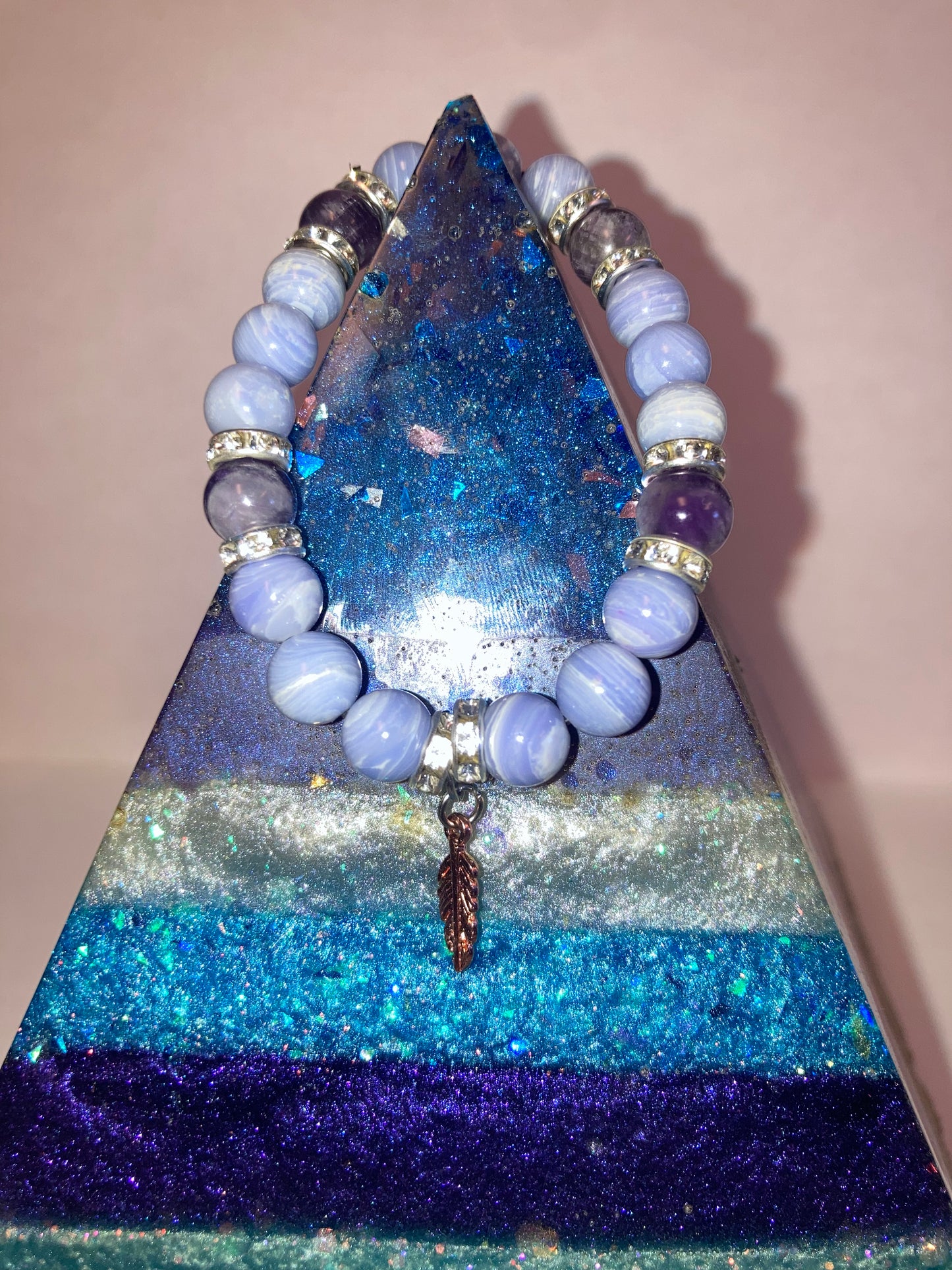 Celestial Serenity Blue Lace Agate and Ameythst Genuine Healing Crystals bracelet feather charm with beautiful spacers