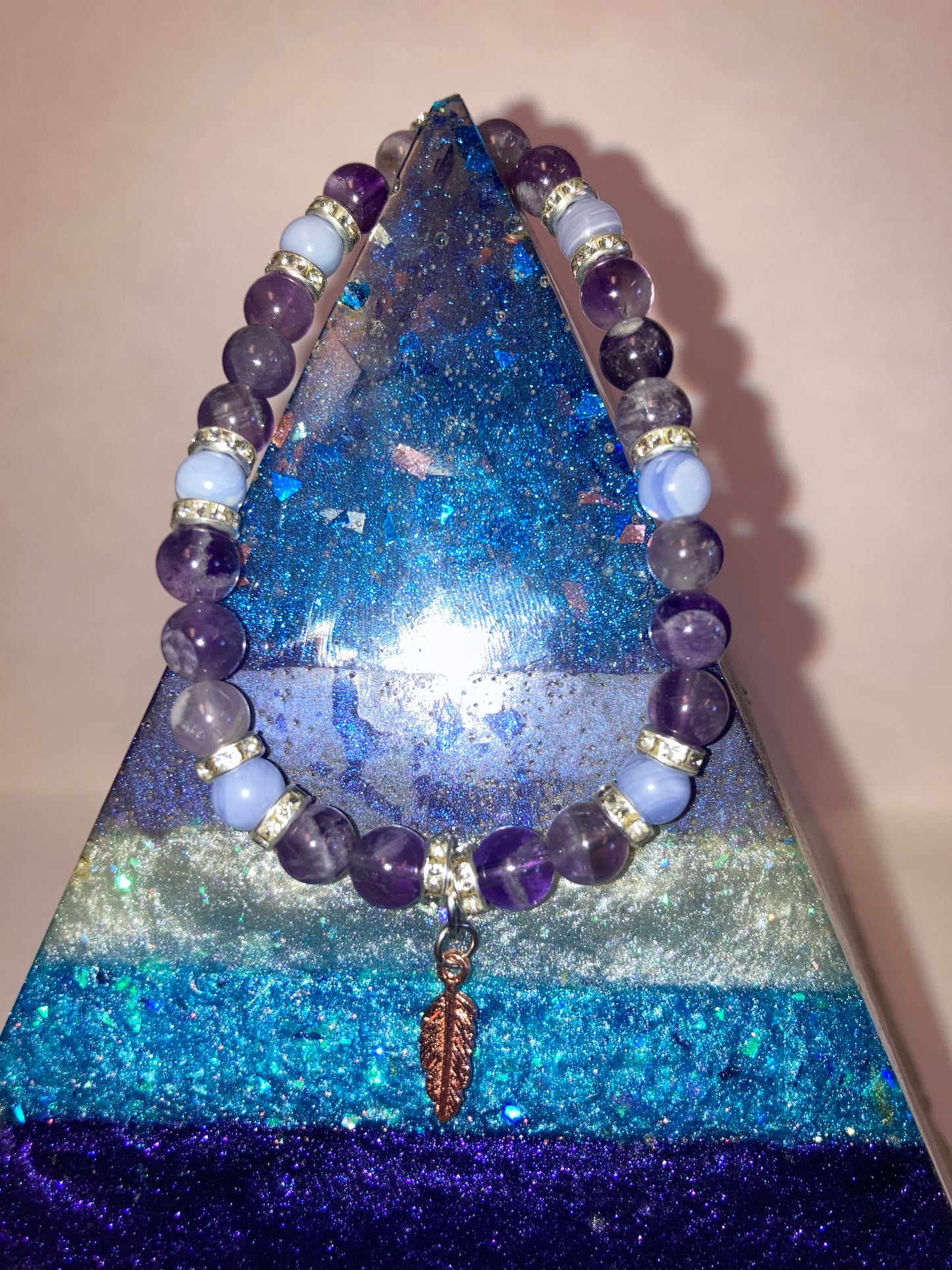 Veil of the Mystic Ameythst and Blue Lace Agate Genuine Healing Crystals bracelet feather charm with beautiful spacers