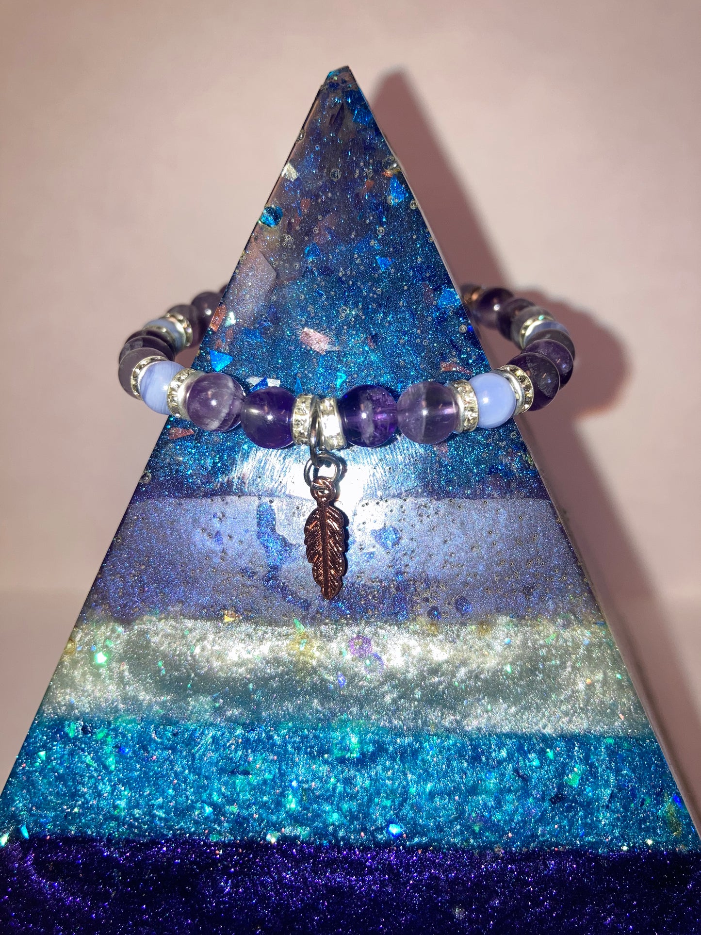 Veil of the Mystic Ameythst and Blue Lace Agate Genuine Healing Crystals bracelet feather charm with beautiful spacers