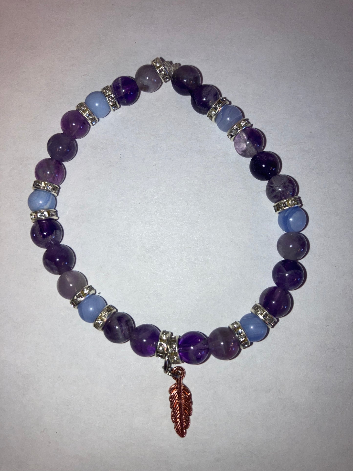 Veil of the Mystic Ameythst and Blue Lace Agate Genuine Healing Crystals bracelet feather charm with beautiful spacers